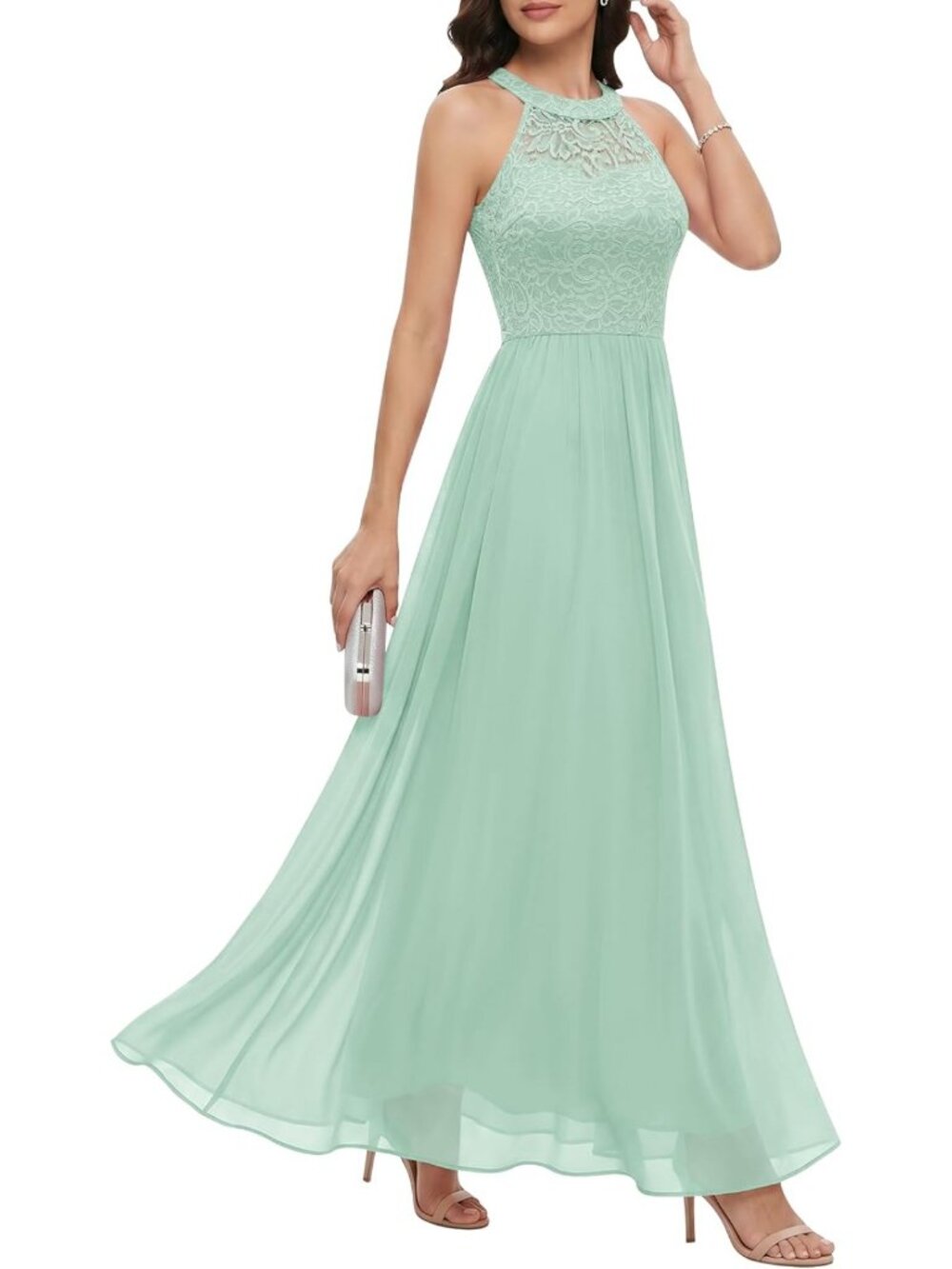 Sage Green Floral Lace Halter Long Formal Prom Bridesmaid Dress Sz XS-3X